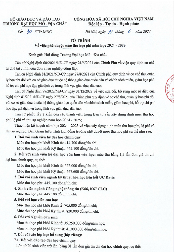 Học phí Đại học Mỏ Địa chất 2024