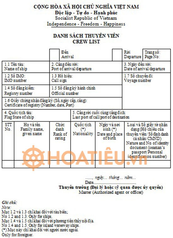 Mẫu danh sách đăng ký thuyền viên