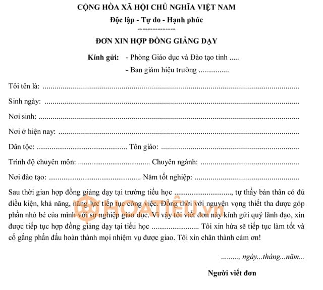 Mẫu đơn xin hợp đồng giảng dạy