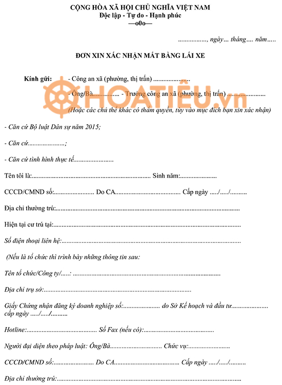 Mẫu đơn xin được xác nhận mất bằng lái xe ô tô, xe máy