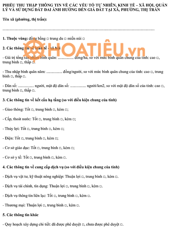 Phiếu thu thập thông tin các yếu tố ảnh hưởng đến giá đất tại địa phương