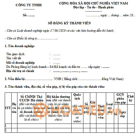 Mẫu sổ đăng ký thành viên