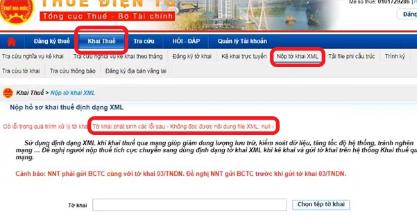 Sửa lỗi tờ khai phát sinh lỗi null: Không đọc được nội dung file XML