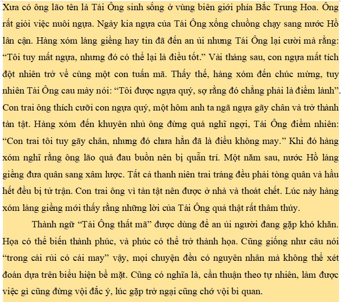 Đoạn văn kể lại chuyện Tái ông mất mã và ý nghĩa điển tích ngựa Tái Ông