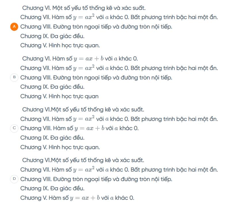 Đáp án trắc nghiệm tập huấn môn Toán lớp 9 Cánh Diều