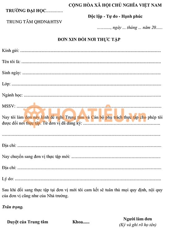 Đơn xin đổi cơ sở thực tập 2024