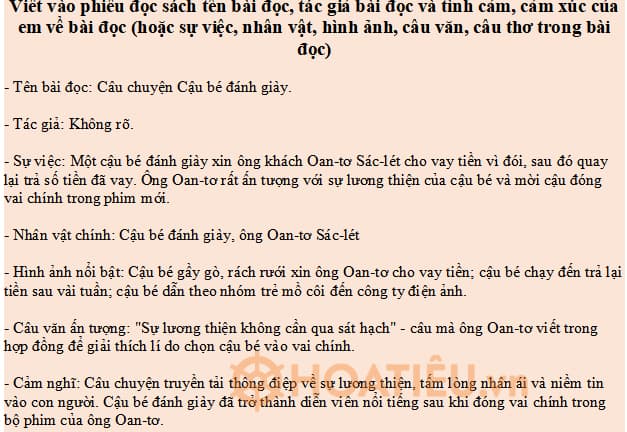 Viết vào phiếu đọc sách tên bài đọc, tác giả bài đọc và tình cảm, cảm xúc của em về bài đọc 