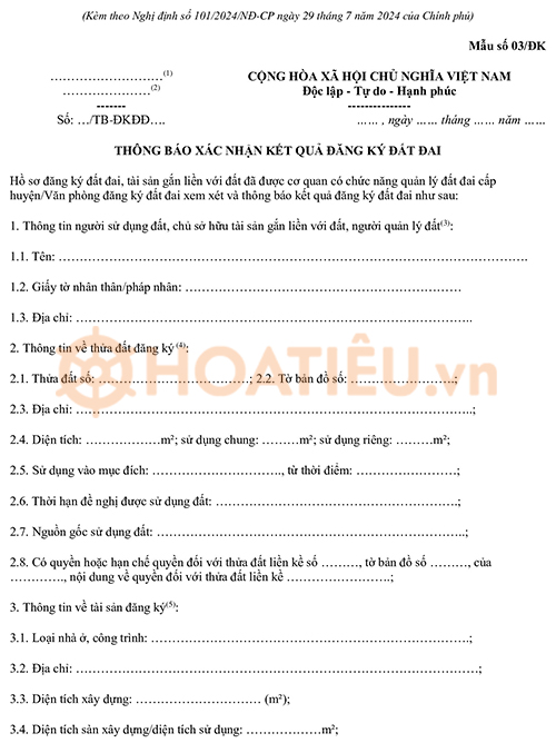 Thông báo xác nhận kết quả đăng ký đất đai 2024