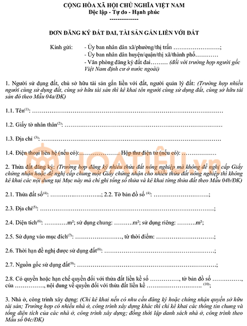 Đơn đăng ký đất đai, tài sản gắn liền với đất cho cá nhân 2024