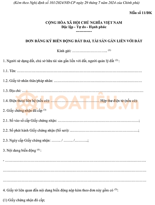 Đơn đăng ký biến động đất đai 2024