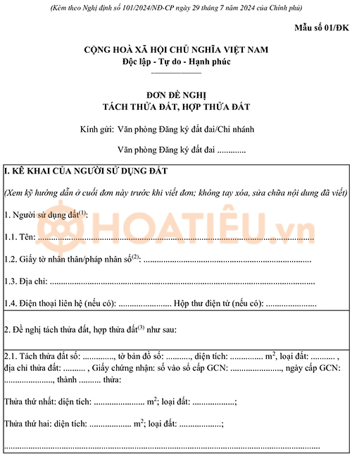 Mẫu đơn đề nghị tách thửa đất, hợp thửa đất 2024