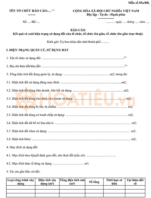 Báo cáo kết quả rà soát hiện trạng sử dụng đất của tổ chức 2024