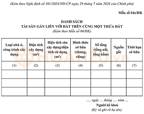 Mẫu 04c/ĐK - Danh sách tài sản gắn liền với đất trên cùng một thửa đất 2024