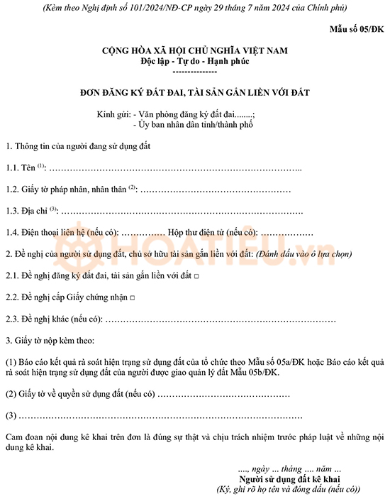 Đơn đăng ký đất đai, tài sản gắn liền với đất cho tổ chức