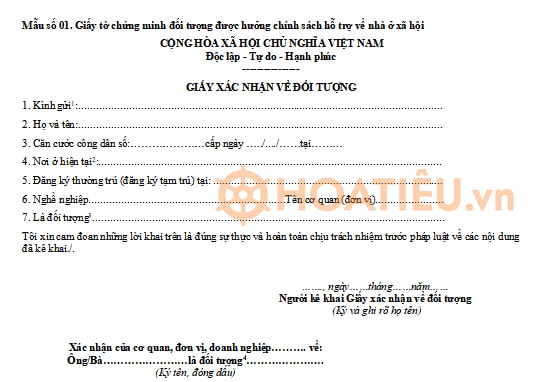 Giấy tờ chứng minh đối tượng được hưởng chính sách hỗ trợ về nhà ở xã hội