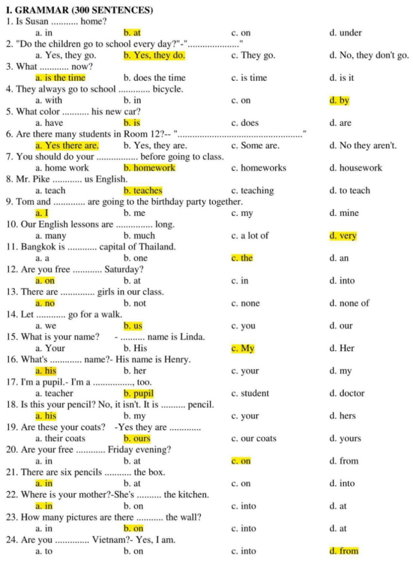 Bộ câu hỏi trắc nghiệm ngữ pháp tiếng Anh ôn thi viên chức