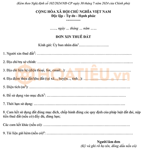 Đơn xin thuê đất mới nhất 2024