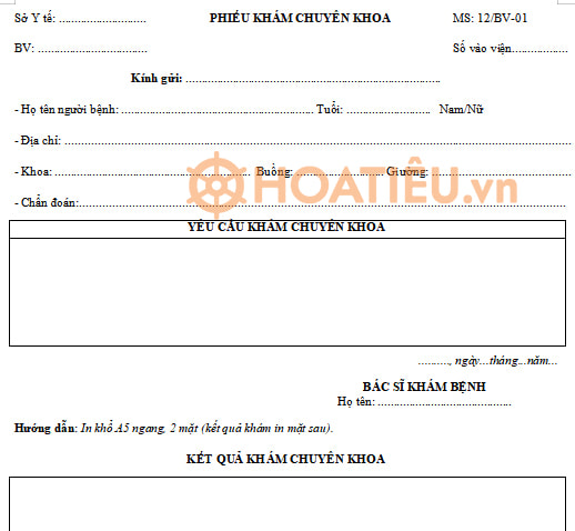 Mẫu phiếu khám chuyên khoa