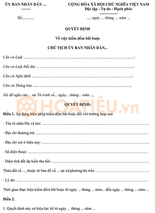 Mẫu quyết định kiểm đếm bắt buộc 2024