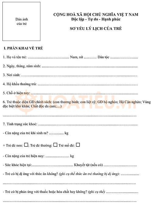 Sơ yếu lý lịch cho trẻ học Mầm non 2024