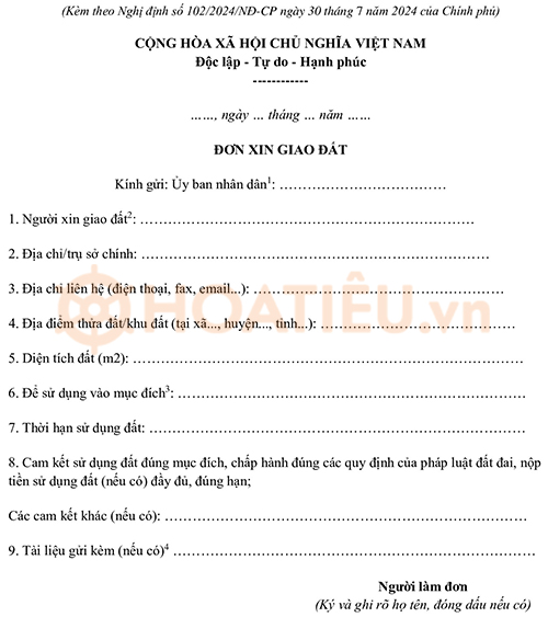 Mẫu đơn xin giao đất 2024