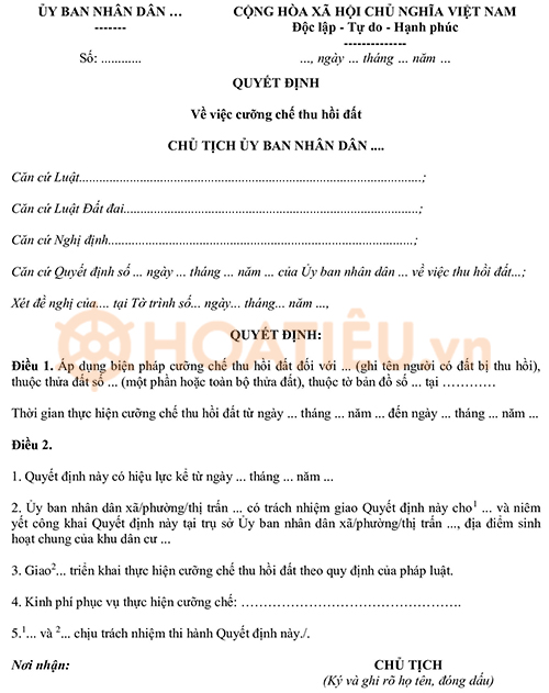 Mẫu quyết định cưỡng chế thu hồi đất mới nhất 2024