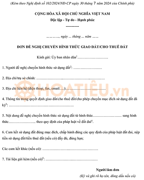 Đơn đề nghị chuyển hình thức giao đất/cho thuê đất