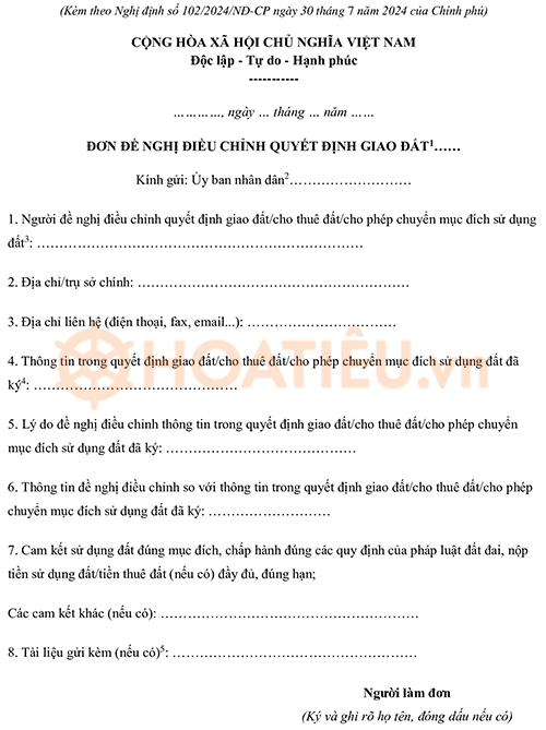 Đơn đề nghị điều chỉnh quyết định giao đất 2024