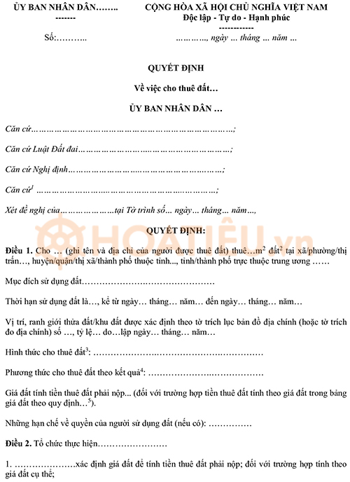 Mẫu quyết định cho thuê đất của nhà nước 2024