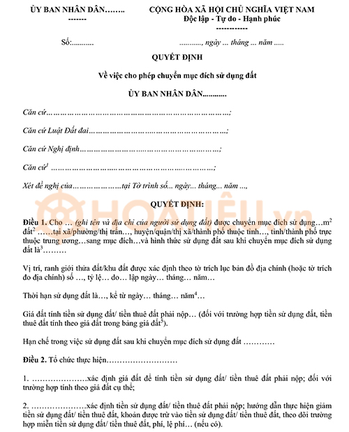 Quyết định cho phép chuyển mục đích sử dụng đất 2024