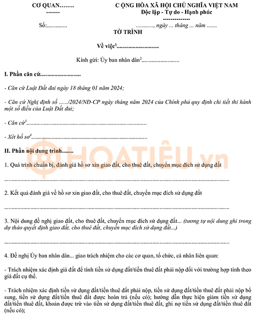 Tờ trình về giao đất, cho thuê đất 2024