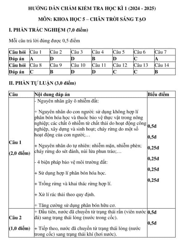 Đề thi học kì 1 môn Khoa học lớp 5 Chân trời sáng tạo
