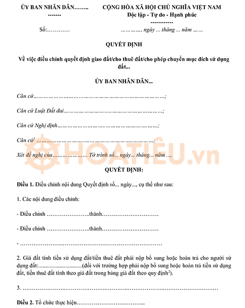 Mẫu quyết định điều chỉnh quyết định giao đất 2024