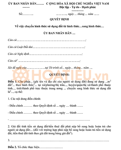 Mẫu quyết định chuyển hình thức giao đất/cho thuê đất 2024