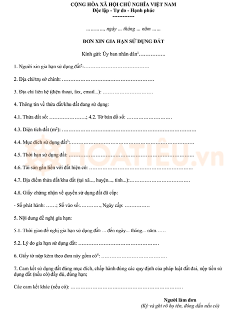 Đơn xin gia hạn sử dụng đất theo Nghị định 102 hướng dẫn Luật Đất đai 2024