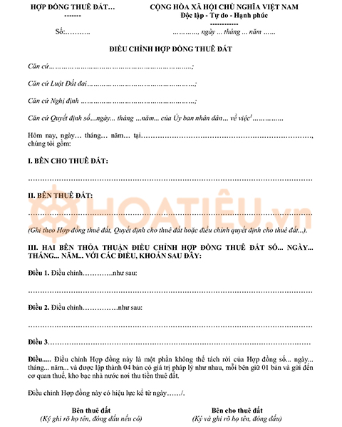 Mẫu văn bản điều chỉnh hợp đồng thuê đất 2024