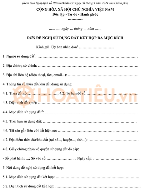 Đơn đề nghị sử dụng đất kết hợp đa mục đích 2024