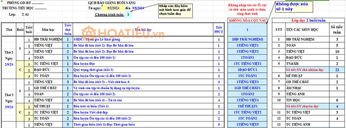 Lịch báo giảng lớp 2