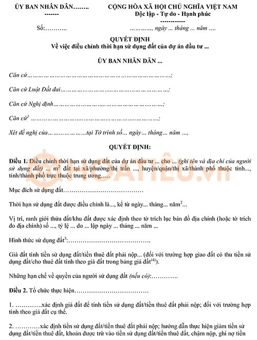 Quyết định điều chỉnh thời hạn sử dụng đất 2024