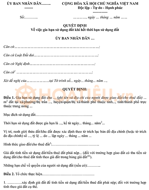 Quyết định gia hạn sử dụng đất khi hết thời hạn sử dụng đất mới nhất