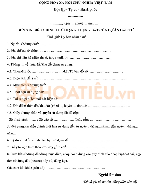 Đơn điều chỉnh thời hạn sử dụng đất của dự án đầu tư 2024