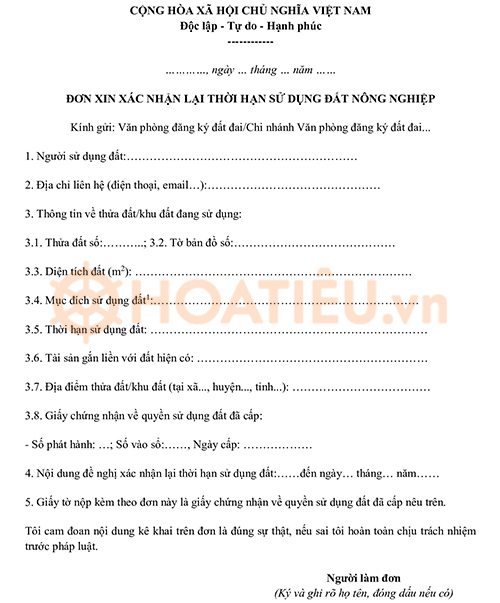 Mẫu đơn xin xác nhận lại thời hạn sử dụng đất nông nghiệp 2024