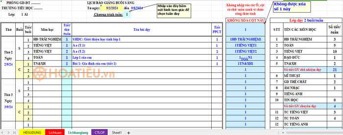 Lịch báo giảng lớp 1