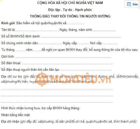 Mẫu thông báo thay đổi thông tin người hưởng theo Công văn số 1569/BHXH-TCKT