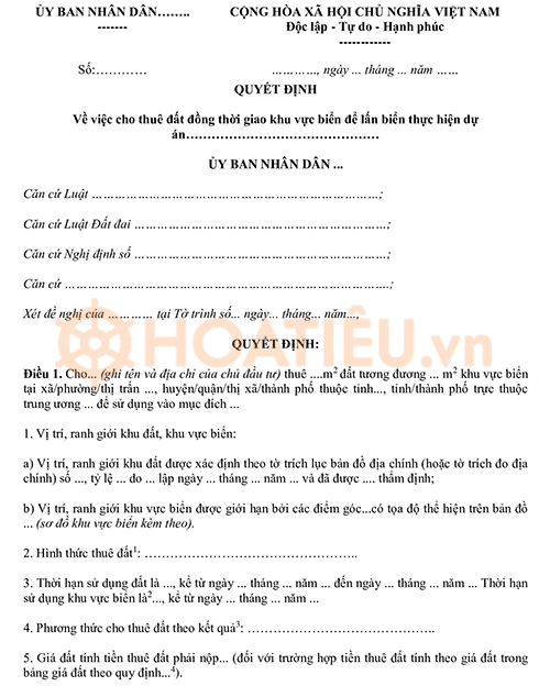 Mẫu quyết định cho thuê đất đồng thời giao khu vực biển để lấn biển