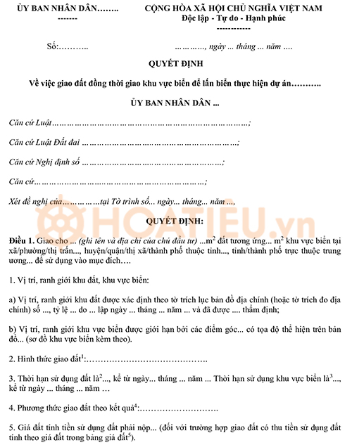 Mẫu quyết định giao đất đồng thời giao khu vực biển để lấn biển 2024
