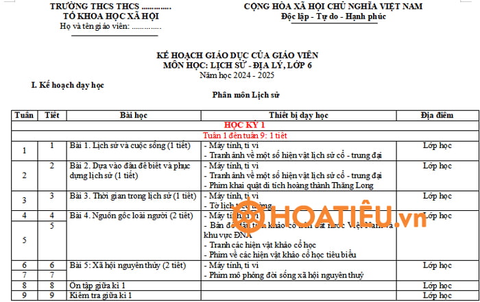 Kế hoạch giáo dục Lịch sử Địa lí 6 Kết nối tri thức theo Công văn 5636