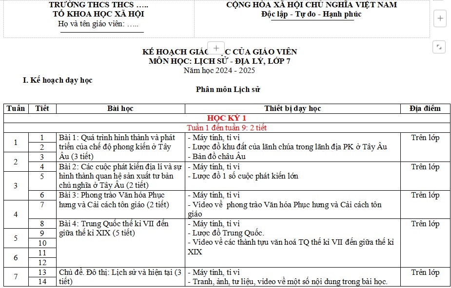 Kế hoạch giáo dục giáo viên môn Lịch sử Địa lí 7 KNTT