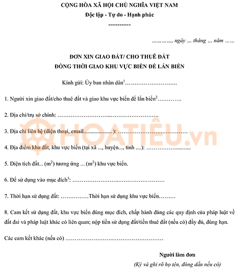 Đơn xin giao đất/cho thuê đất đồng thời giao khu vực biển để lấn biển 2024