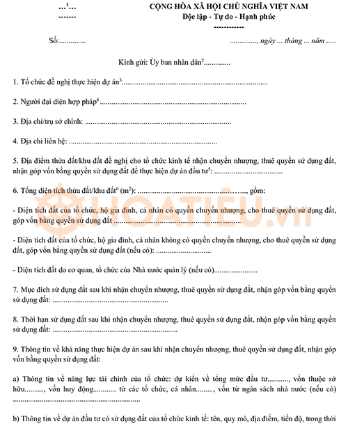 Văn bản đề nghị chấp thuận cho tổ chức kinh tế nhận chuyển nhượng quyền sử dụng đất để thực hiện dự án 2024